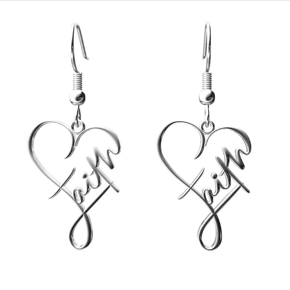 Faith Earrings: Stainless Steel Silver Plated ♾️ Heart Shaped Dangle Earrings - Picture 2 of 3